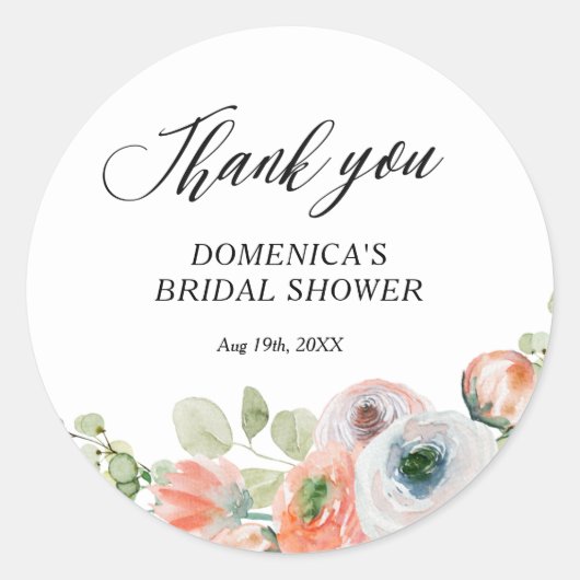 Romantic Peach Floral Bridal Shower ラウンドシール (正面)