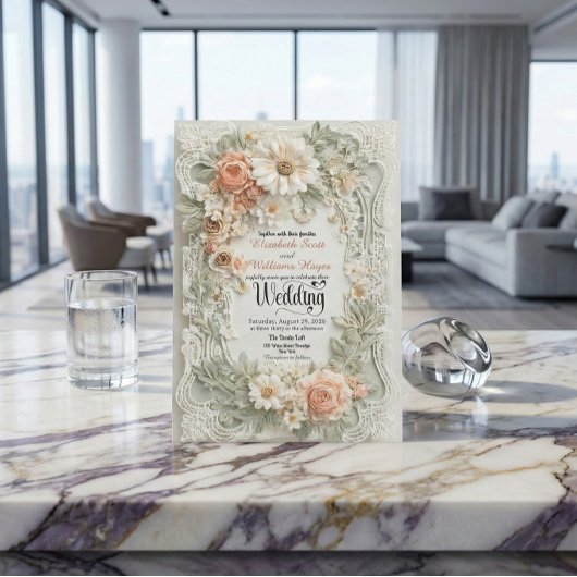 Romantic Peach Floral Faux Embossed Wreath Wedding 招待状