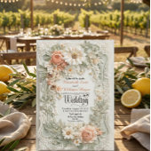 Romantic Peach Floral Faux Embossed Wreath Wedding 招待状