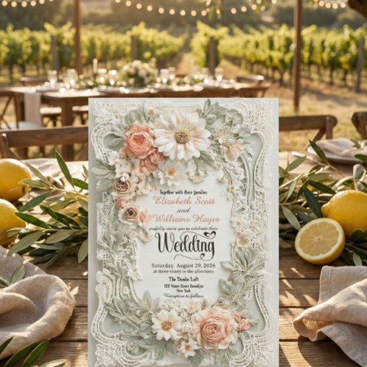 Romantic Peach Floral Faux Embossed Wreath Wedding 招待状