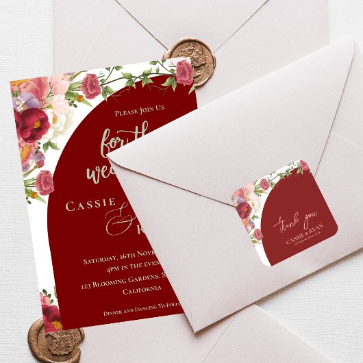 Romantic Peach Floral Red Arch Wedding Thank you スクエアシール