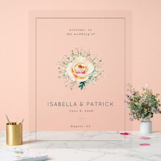 Romantic Peach Floral Wedding Invitation アクリルサイン (ウェディング)