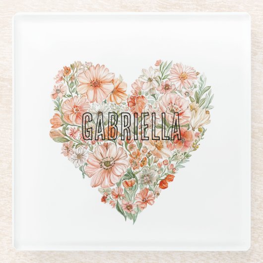 Romantic Peach Mint Floral Heart ガラスコースター (正面)