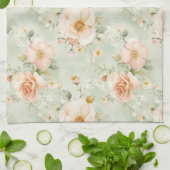 Romantic Peach Mint Pretty Roses Floral キッチンタオル (折り畳み)