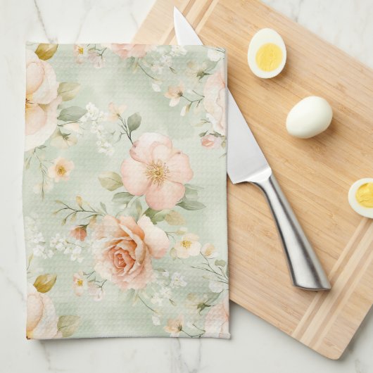 Romantic Peach Mint Pretty Roses Floral キッチンタオル (四つ折り)