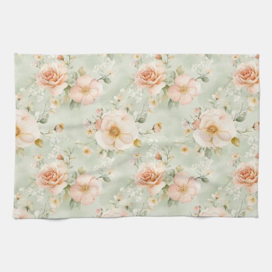 Romantic Peach Mint Pretty Roses Floral キッチンタオル (横)
