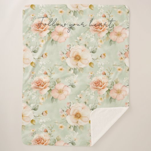 Romantic Peach Mint Pretty Roses Floral シェルパブランケット (正面)