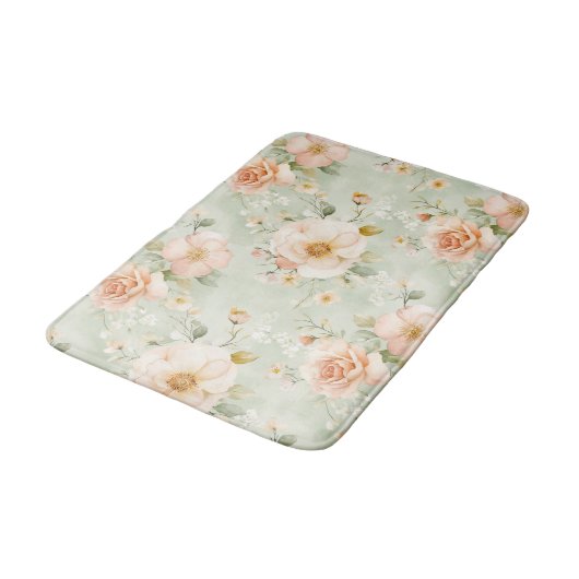 Romantic Peach Mint Pretty Roses Floral バスマット (アングル)