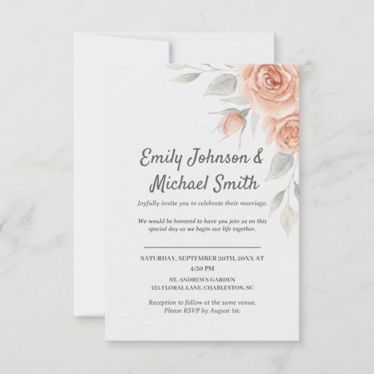 Romantic Peach Watercolor Roses Wedding Invitation 招待状 (正面)