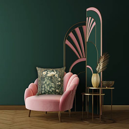 Romantic Peacock and Daisy Art Nouveau クッション