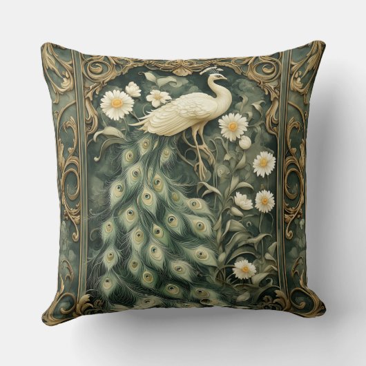 Romantic Peacock and Daisy Art Nouveau クッション (裏面)