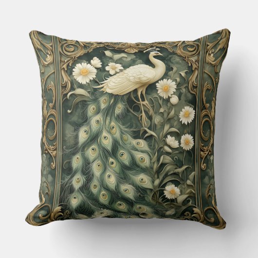 Romantic Peacock and Daisy Art Nouveau クッション (正面)