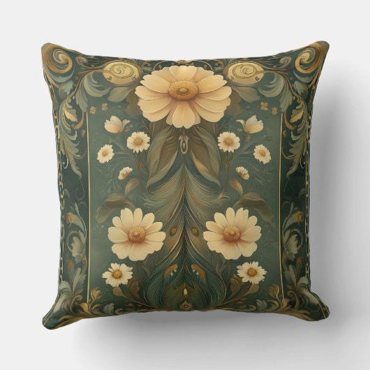 Romantic Peacock Feathers and Daisy Art Nouveau クッション (裏面)