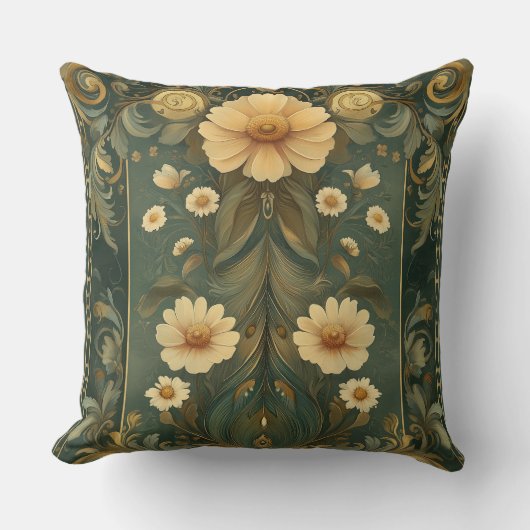 Romantic Peacock Feathers and Daisy Art Nouveau クッション (正面)