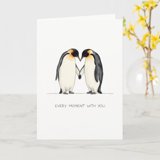 Romantic Penguin Couple Greeting Card カード (黄色い花)