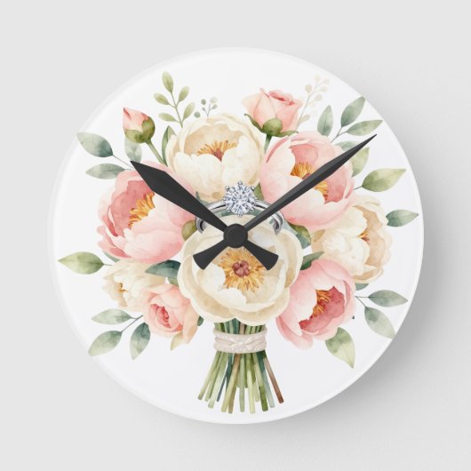Romantic Peony Bouquet with Diamond Ring ラウンド壁時計 (正面)