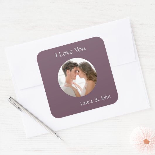 Romantic Personalized Couple Photo & Names Sticker スクエアシール (封筒)