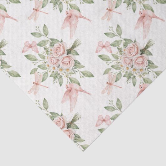 Romantic pink and green bird and flowers 薄葉紙 (詳細)