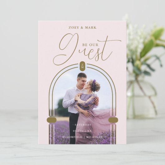 Romantic Pink Arch Photo & Initials QR Code  セーブザデート (スタンド正面)