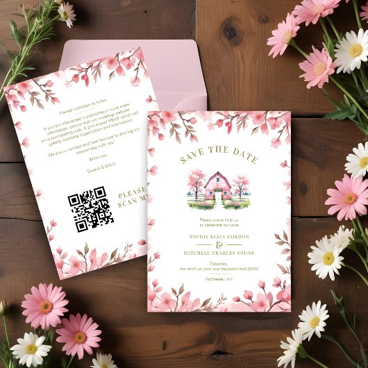  Romantic Pink Barn Rustic Landscape Floral Frame セーブザデート