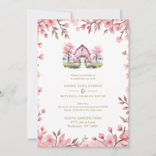 Romantic Pink Barn Rustic Landscape Floral Frame 招待状 (正面)