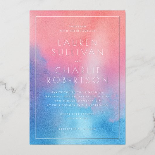 Romantic Pink Blue Ombre 箔招待状 (正面)