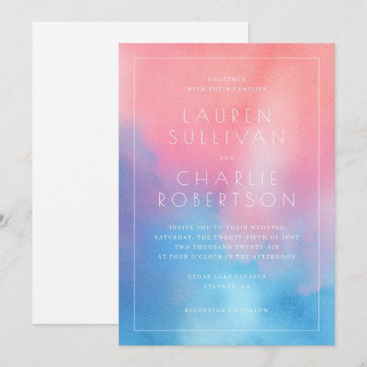 Romantic Pink Blue Watercolor 招待状 (正面/裏面)