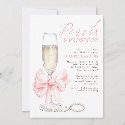 Romantic Pink Bow Pearls & Prosecco Bridal Shower 招待状 (正面)
