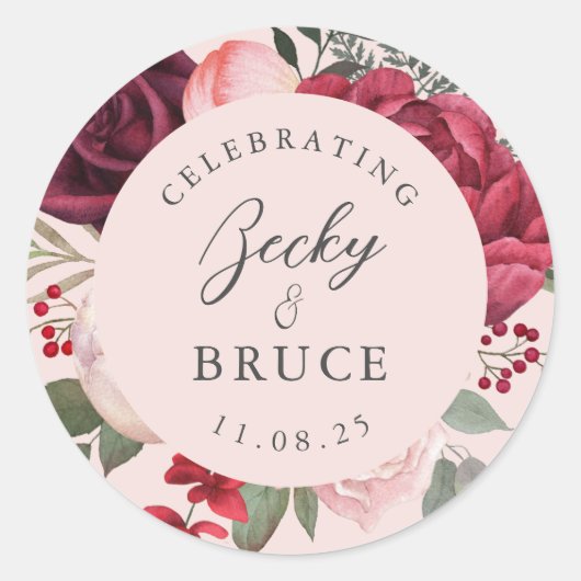 Romantic Pink Bridal Bouquet Bride & Groom Names ラウンドシール (正面)