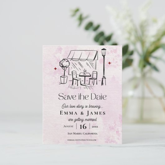 Romantic Pink Café Courtyard Wedding Save the Date (スタンド正面)