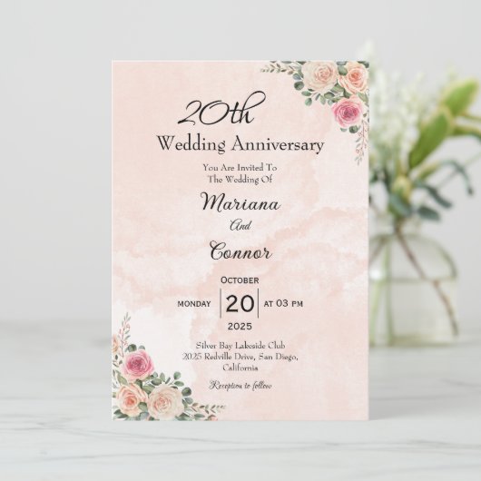 Romantic Pink Cream Floral Wedding Anniversary  招待状 (スタンド正面)