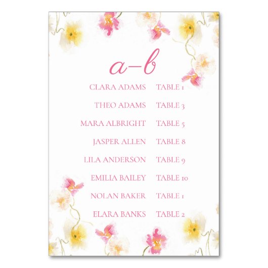 Romantic Pink Floral Alphabet Seating Chart Card テーブルナンバー (正面)