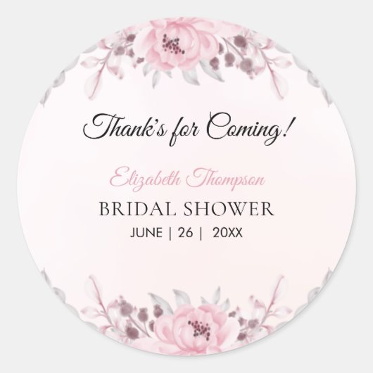 Romantic Pink Floral Bridal Shower ラウンドシール (正面)