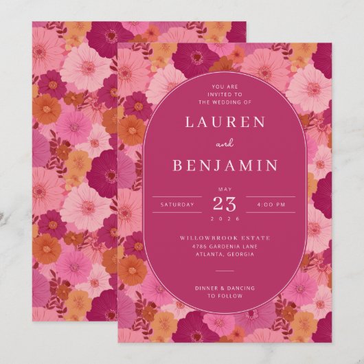 Romantic Pink Floral Eleganza 招待状 (正面/裏面)