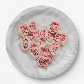 Romantic Pink Floral Heart Paper Plates ペーパープレート
