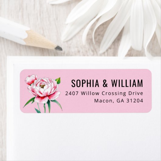 Romantic Pink Floral Peony Illustration ラベル (インサイチュ)