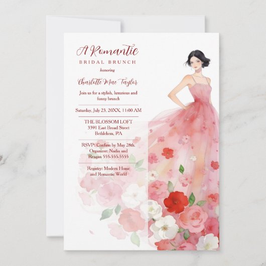 Romantic Pink Floral Tulle Model Bridal Shower 招待状 (正面)