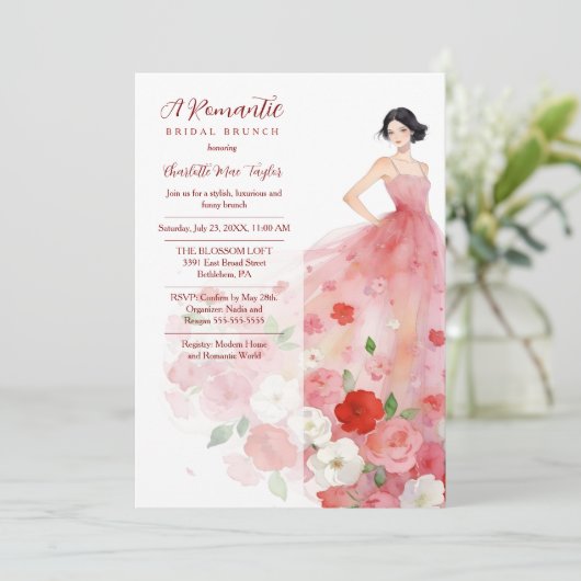 Romantic Pink Floral Tulle Model Bridal Shower 招待状 (スタンド正面)