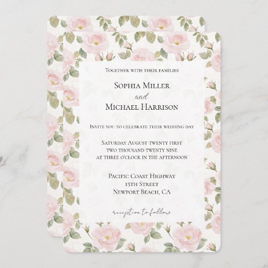 Romantic Pink Floral Wedding 招待状 (正面/裏面)