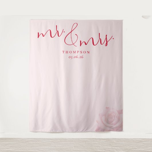 Romantic Pink Floral Wedding Sign タペストリー (正面)