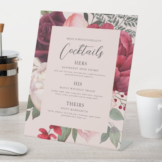 Romantic Pink Florals Bridal Bouquet Bar Menu 台座サイン (インサイチュ)