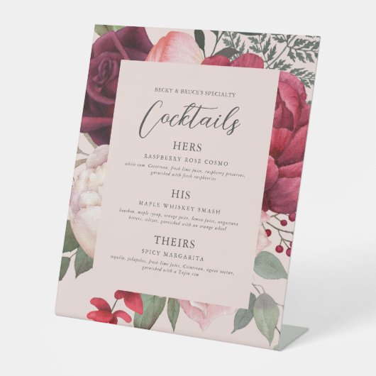 Romantic Pink Florals Bridal Bouquet Bar Menu 台座サイン (正面)