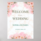 Romantic Pink Flowers Wedding Sign ポスター (正面)
