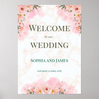 Romantic Pink Flowers Wedding Sign ポスター