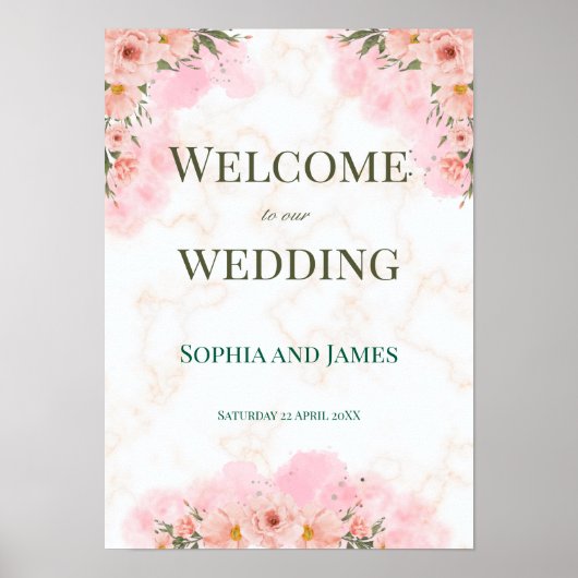 Romantic Pink Flowers Wedding Sign ポスター (正面)
