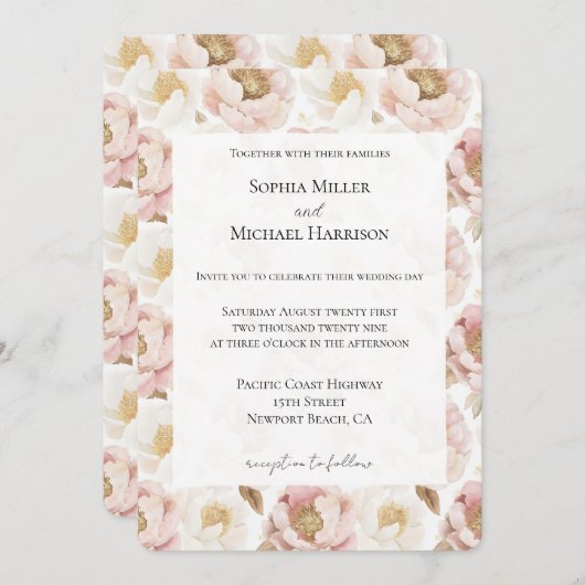 Romantic Pink Gold Floral Wedding 招待状 (正面/裏面)
