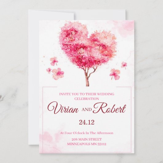 Romantic Pink Heart Tree Watercolor Wedding Invita 招待状 (正面)