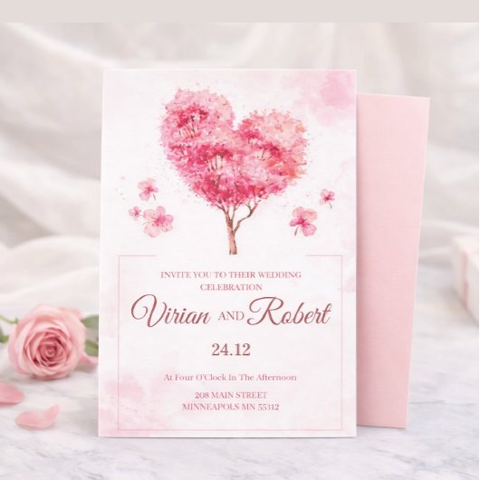 Romantic Pink Heart Tree Watercolor Wedding Invita 招待状