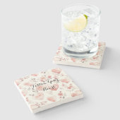 Romantic Pink Hearts Roses Floral ストーンコースター (横)