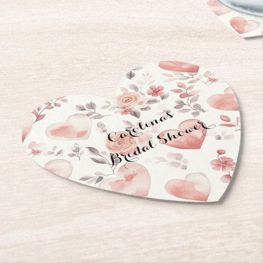 Romantic Pink Hearts Roses Floral Bridal Shower ペーパーコースター (アングル)